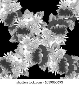 monochrome floral seamless pattern on black background for your designs, greeting cards, greeting cards, wedding invitation cards, birthday party, Valentine's day. Vector illustration.