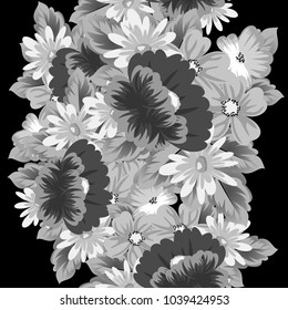 monochrome floral seamless pattern on black background for your designs, greeting cards, greeting cards, wedding invitation cards, birthday party, Valentine's day. Vector illustration.