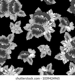monochrome floral seamless pattern on black background for your designs, greeting cards, greeting cards, wedding invitation cards, birthday party, Valentine's day. Vector illustration.