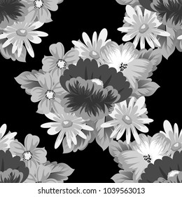 monochrome floral seamless pattern on black background for your designs, greeting cards, greeting cards, wedding invitation cards, birthday party, Valentine's day. Vector illustration.