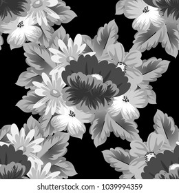 monochrome floral seamless pattern on black background for your designs, greeting cards, greeting cards, wedding invitation cards, birthday party, Valentine's day. Vector illustration.