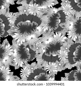 monochrome floral seamless pattern on black background for your designs, greeting cards, greeting cards, wedding invitation cards, birthday party, Valentine's day. Vector illustration.
