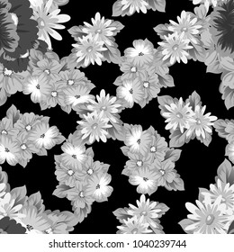 monochrome floral seamless pattern on black background for your designs, greeting cards, greeting cards, wedding invitation cards, birthday party, Valentine's day. Vector illustration.