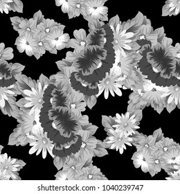monochrome floral seamless pattern on black background for your designs, greeting cards, greeting cards, wedding invitation cards, birthday party, Valentine's day. Vector illustration.