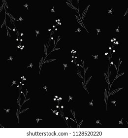 Monochrome floral seamless pattern. Trendy black and white vector texture. Good for fashion print, fabric, wallpaper or your design. Hand drawn flowers and branches with leaves on black backgroud