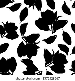 Patrón monocromo floral sin fisuras. Textura vectorial blanca y negra a la moda. Moda, impresión de color marrón, tela, papel pintado o diseño. Flores dibujadas a mano y hojas esparcidas al azar sobre fondo blanco