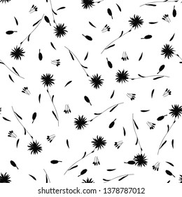 Monochrome floral seamless pattern. Trendy black and white vector texture. Fashion, ditsy print, fabric, wallpaper, design. Hand drawn silhouette flowers and leaves scattered random on white backgroud