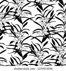 Monochrome floral seamless pattern. Trendy black and white vector texture. Fashion, ditsy print, fabric, wallpaper. Hand drawn silhouette lily flowers and leaves scattered random on white backgroud