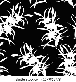 Monochrome floral seamless pattern. Trendy black and white vector texture. Fashion, ditsy print, fabric, wallpaper. Hand drawn silhouette lily flowers and leaves scattered random on black backgroud