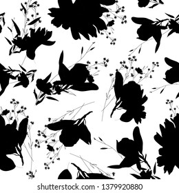 Monochrome floral seamless pattern. Trendy black and white vector texture. Fashion, ditsy print, fabric, wallpaper or your design. Hand drawn flowers and leaves scattered random on white backgroud