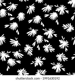 Einfarbiges, nahtloses Muster mit Blumen. Trendy, schwarz-weißer Vektorstruktur. Gut für Modedruck, Stoff, Tapete oder Ihr Design. handgezeichnet, blühende Blumen mit Blättern auf schwarzem Hintergrund