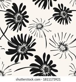 Monochrome floral seamless pattern. Vector abstract texture with simple big flower silhouettes. Elegant black and white background with hand drawn elements. Repeat design for decor, tileable print