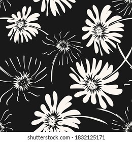 Monochrome floral seamless pattern. Vector abstract texture with simple big flower silhouettes. Elegant black and white background with hand drawn elements. Dark repeat design for decor, print, wrap