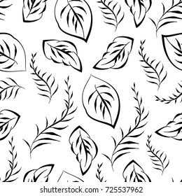 Monochrome floral seamless printable pattern. Doodle leaf, blossom print wallpaper. Vintage black white retro background. Textile flower art silhouette. Spring, summer foliage backdrop.