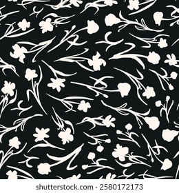 Monochrome floral seamless repeat pattern. Random placed, black and white vector botanical plant silhouettes aop, all over print in black and white.