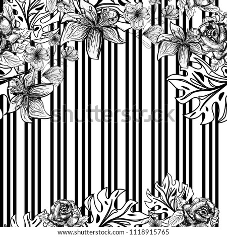 monochrome floral summer abstract vector seamless pattern, flowers on lines background