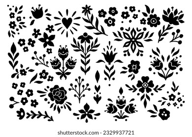 Monochrome Floral Symmetrical Silhouette Set. Abstract Botany Collection with Branches, Petal, Flower. Vector Illustration Isolated on white background. Linocut Folk Art Prints for Logo, Roses, Tulip.