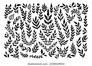 Monochrome florale symmetrische Silhouettensatz. Abstrakte Botanikkollektion mit Zweigen, Laurel Wreath. Vektorgrafik einzeln auf weißem Hintergrund. Linocut Folk Art Print for Logo, Hochzeitseinladung