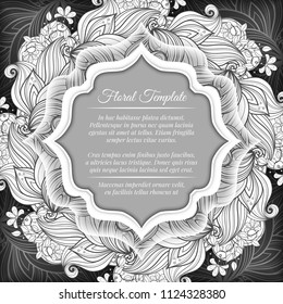 Monochrome Floral Template. Dark Vintage Layout, Corporate Greeting Card, Invitation, Cover. Beautiful Flowers, Leaves and Swirls. Coloring Book Page. Vector Contour 3d Illustration. Editable