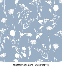 Monochrome floral vector pattern with silhouettes of white flowers. Gray background.