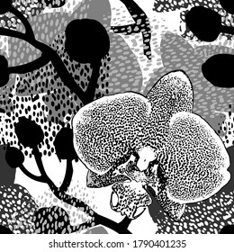 Monochrome floral vector seamless pattern with silhouettes of motley orchid flowers on gray background. Textured ornate hand drawn trendy seamless pattern for textile, fabric, wallpaper, home decor.