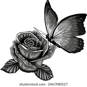 Monocromo Flor y mariposa. Tatuaje de boceto. Ilustración vectorial.