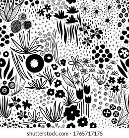 Monochrome flower field pastel black on white seamless vector pattern. Repeating liberty doodle flower meadow background. Scandinavian style line art florals. For fabric, wallpaper, home decor