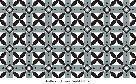 Monochrome flower pattern with repeating petal shapes and diamond motifs in a gray-toned grid. Ideal for vintage-style backgrounds, ceramics, or fashion print
