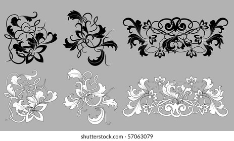 Monochrome flower patterns in style of a retro on a grey background