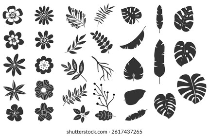 monochrome flower vector set feature abstract floral design silhouettes, and geometric patterns. Ideal for decoration, logos, and design projects