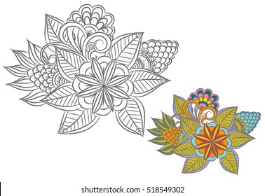 Monochrome flowers as design element. Can use for coloring book and print