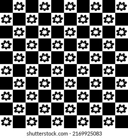 Monochrome flowers hippy aesthetic seamless pattern. Floral geometric checkerboard print for T-shirt, fabric, textile. Doodle vector illustration for decor and design.

