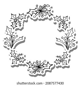 Monochrome Flowers, Holy, Berry and Leave Christmas Frame on two white silhouette and gray shadow. Vector illustration for decorate logo, text, greeting cards and any design.