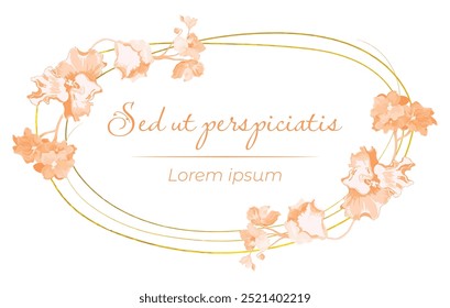 Monochrome flowers are put on a circular frame on a white background. The frame is made from a thin golden line of African flowers. Vintage floral frame for any design ideas.