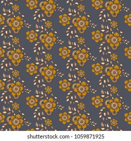 Monochrome flowers Seamless pattern. Grey background with Mehndi. Vector floral repeating pattern for cover, print, textile design.