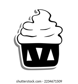 Monochrome Fluffy Cupcake on white silhouette and gray shadow. Vector illustration for decoration or any design.