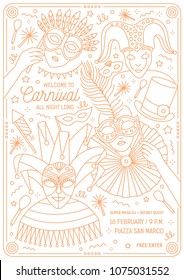 Monochrome Flyer, Poster Or Invitation Template For Venetian Masquerade Ball, Mardi Gras Carnival, Festival Or Party With Characters Wearing Festive Masks. Vector Illustration In Line Art Style