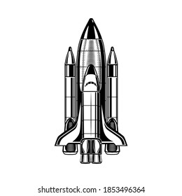 Ilustración monocroma del vector del cohete volador. Nave espacial de época para etiqueta promocional. El concepto de exploración de galaxia y cosmos se puede utilizar para planilla, pancarta o afiche retro