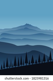Monochrome foggy landscape with silhouettes of mountains and fir trees. Gradients in shades of blue. Vertical vector illustration for postcards, posters, polygraphy, textile, design, interior decor