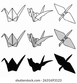 Monochrome folded paper cranes in various angles collection. Black, white, gray. Origami shadow silhouettes on isolated white background. Flying bird, sitting position, relaxing pose. Vector, EPS 10.