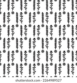 Monochrome folk art floral seamless vector pattern. Endless repeat of botanical bloom background. 