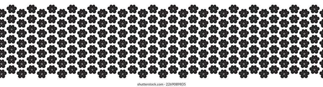 Monochrome folk art floral seamless vector border. Endless repeat of botanical bloom ribbon