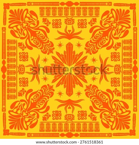Monochrome folk art scarf pattern with a mystical diamond, sigils, and ornament, framed by intricate floral designs, ideal for decorative textile prints