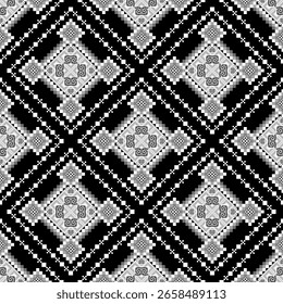Monochrome Folk Pixel Pattern. Seamless grayscale digital embroidery with intricate geometric and meander motifs. Ideal for ethnic textiles, apparel and modern decor.