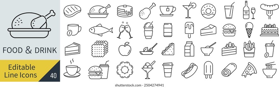 
A Monochrome Food and Drink Line Drawing Icon Set in Vector