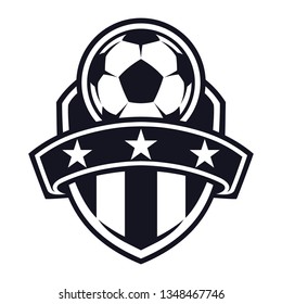 Monochrome, football flat icon, soccer ball, shield and stars. Sport games. Vector illustration, isolated on white background. Simple shape for design logo, emblem, symbol, sign, badge, label, stamp.