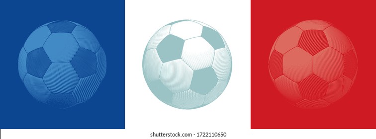 Monochrome football soccer vintage engraved drawing vector illustration in various view point isolated on three color of France flag background