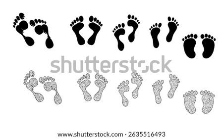Monochrome Footprint Set: Black Solid and Textured Imprints on White Backdrop for Design Projects and Creative Illustration, Symbolizing Steps and Journeys