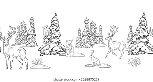 Monochrome forest edge with firs, spruces and forest animals deer, hare, fox, and owl, hand drawn black white outline vector. Seamless winter landscape for Christmas banner and winter woodland design.