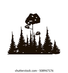 monochrome forest with pines and leafy tree